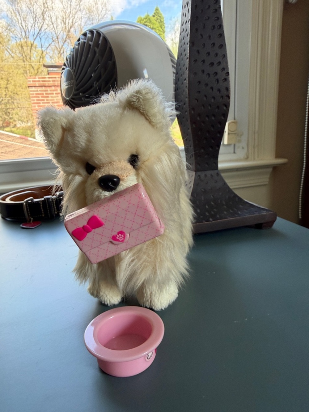 American Girl Plush Pomeranian Dog with Pink Bowl and Pink Accessory